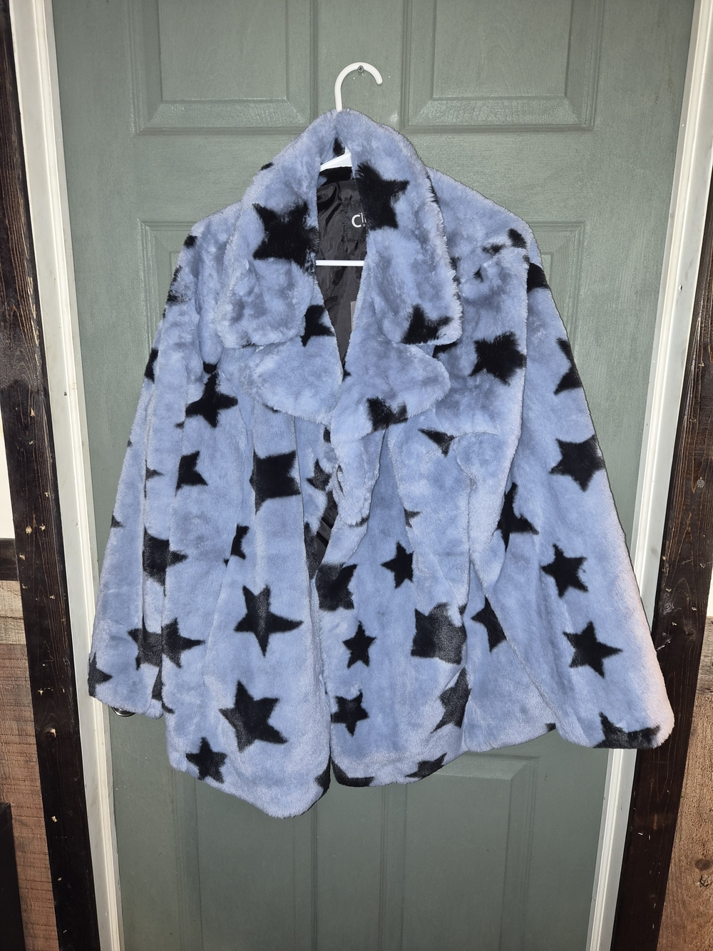 NVLT Light Blue Faux Fur Peacoat with Black Star Print - Picture 2 of 14